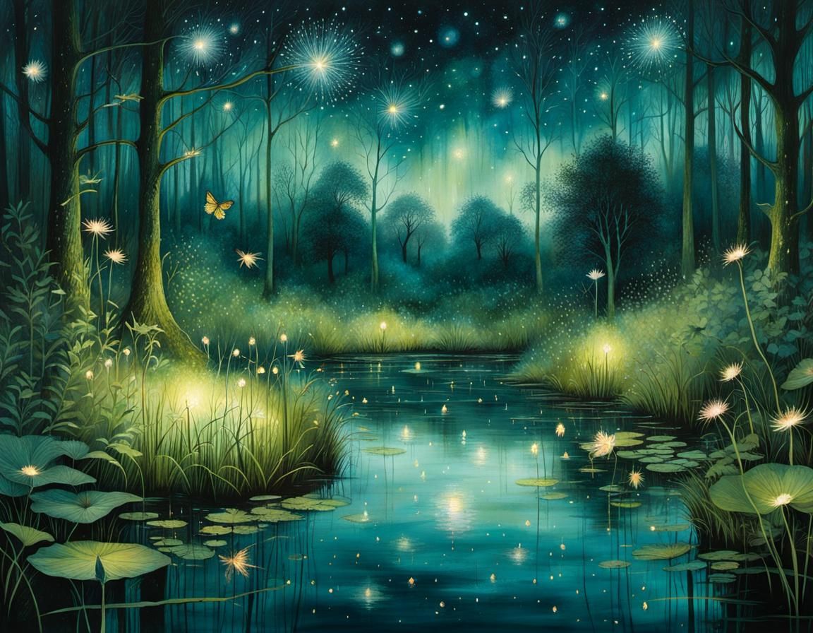 Enchanted Forest with Fireflies at Night