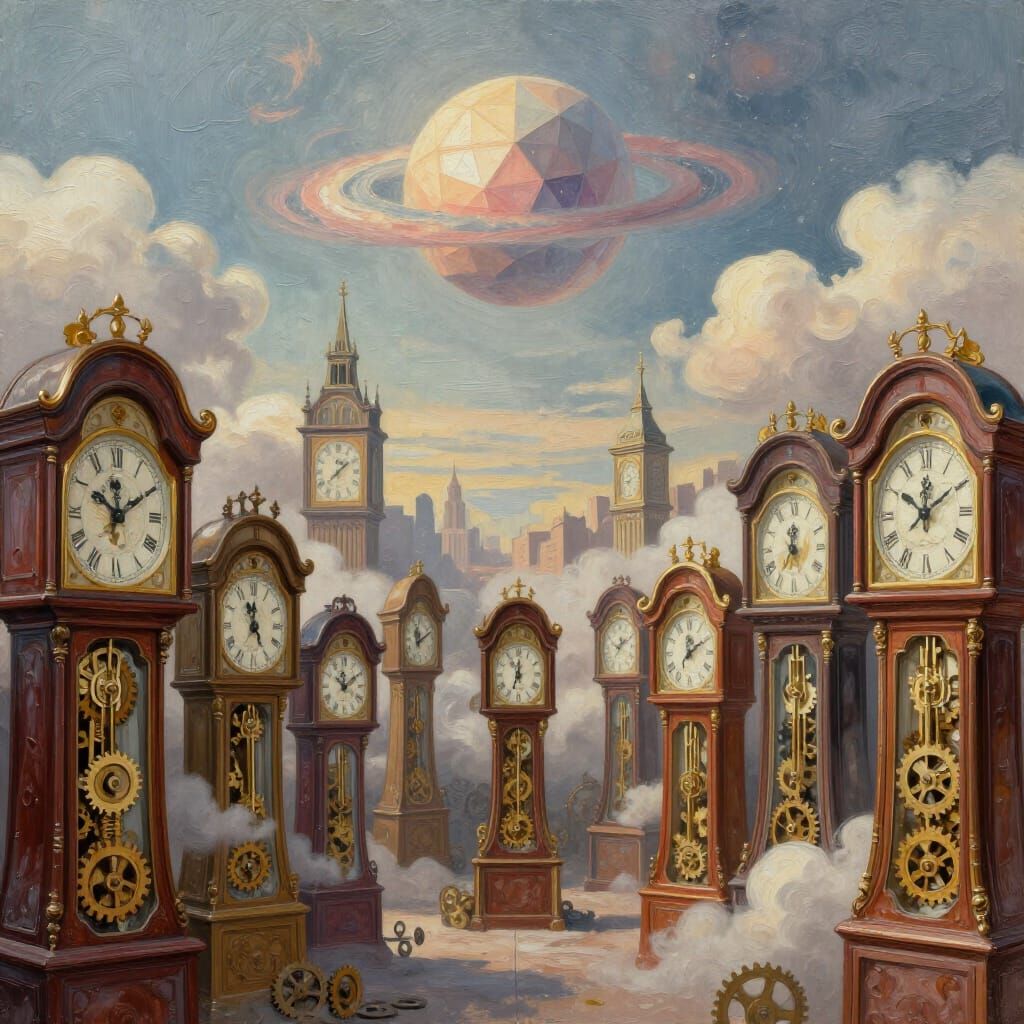 Clockwork Cityscape with Geometric Nebula