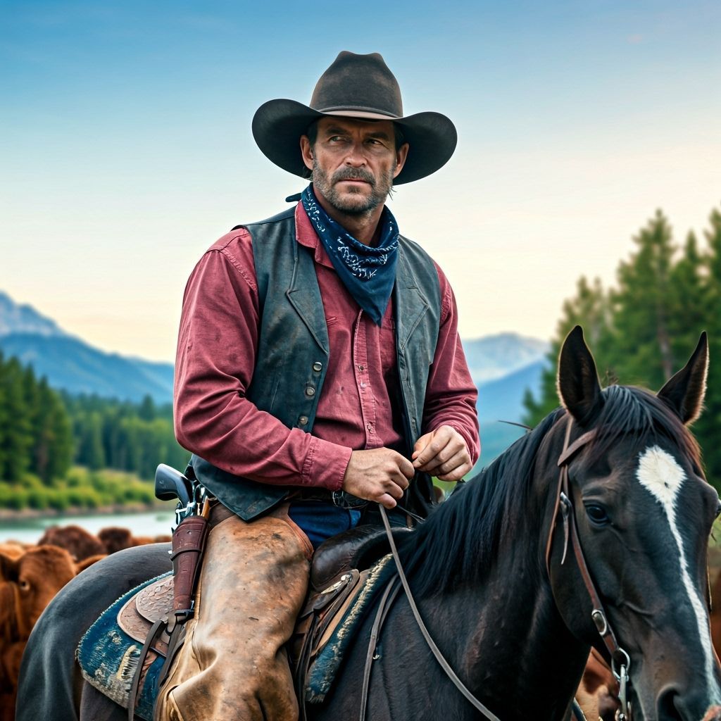 Rugged Cowboy with Calf, Vibrant Western Landscape