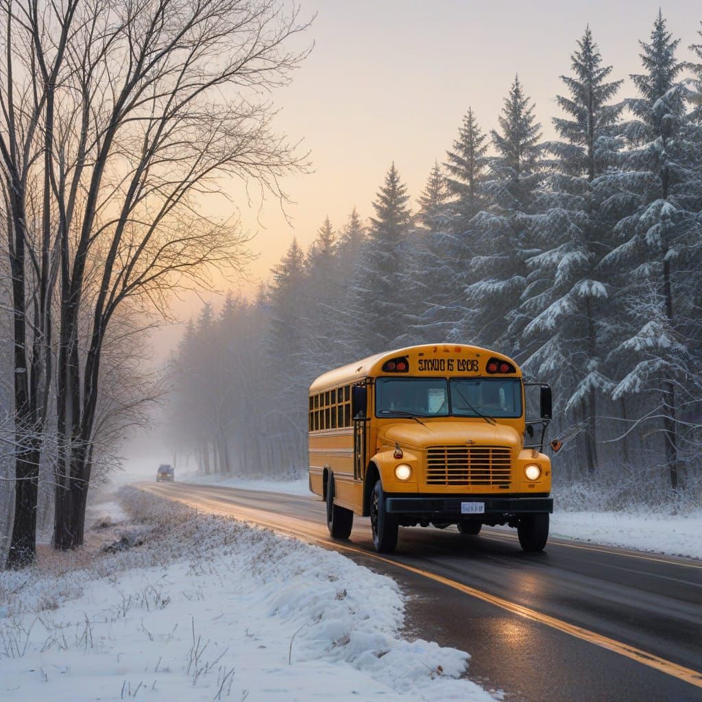 Vibrant Yellow School Bus Stands Still in Serene Winter Land...