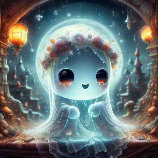 Chibi Ghost in Haunted Mansion with 3D Fractal Art