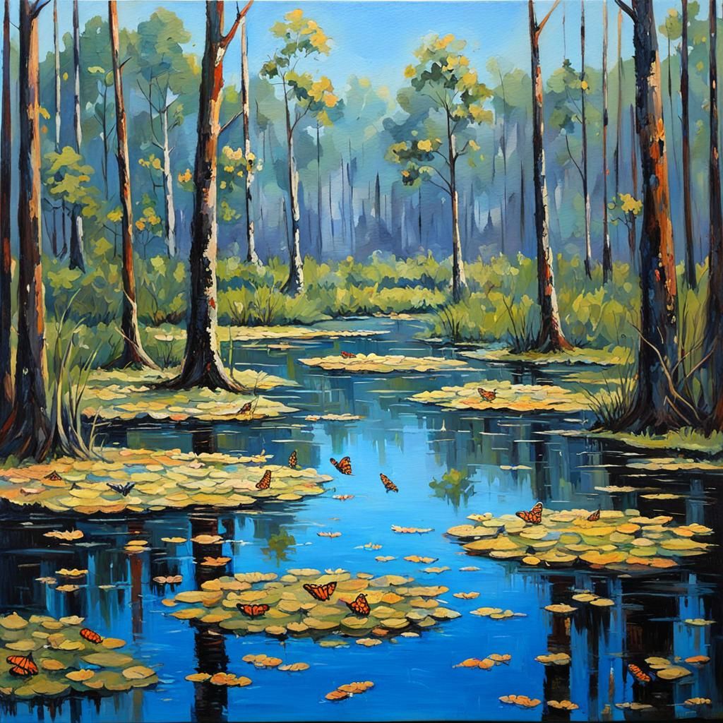 Swamp with Butterflies in Oil Painting Style