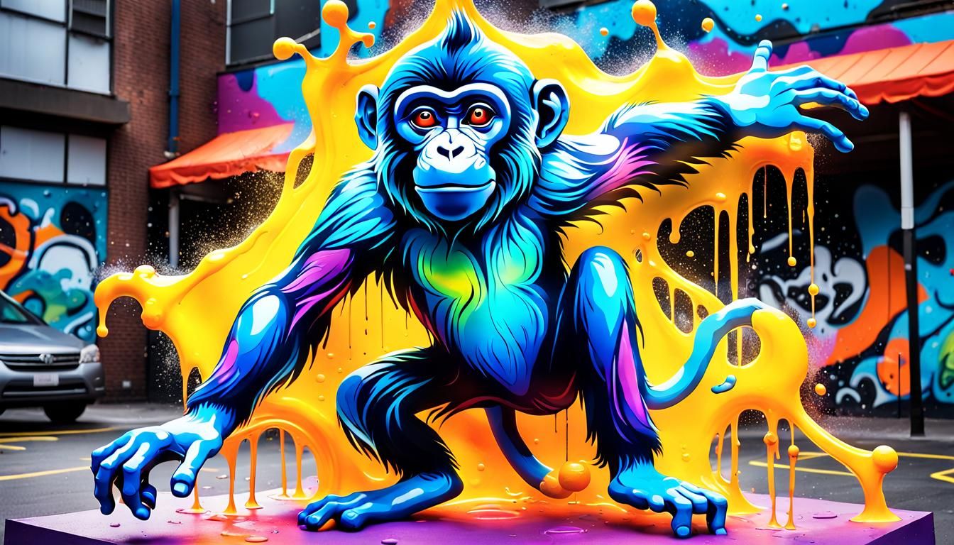 Glowing Blue Monkey in Vibrant Street Art Playground