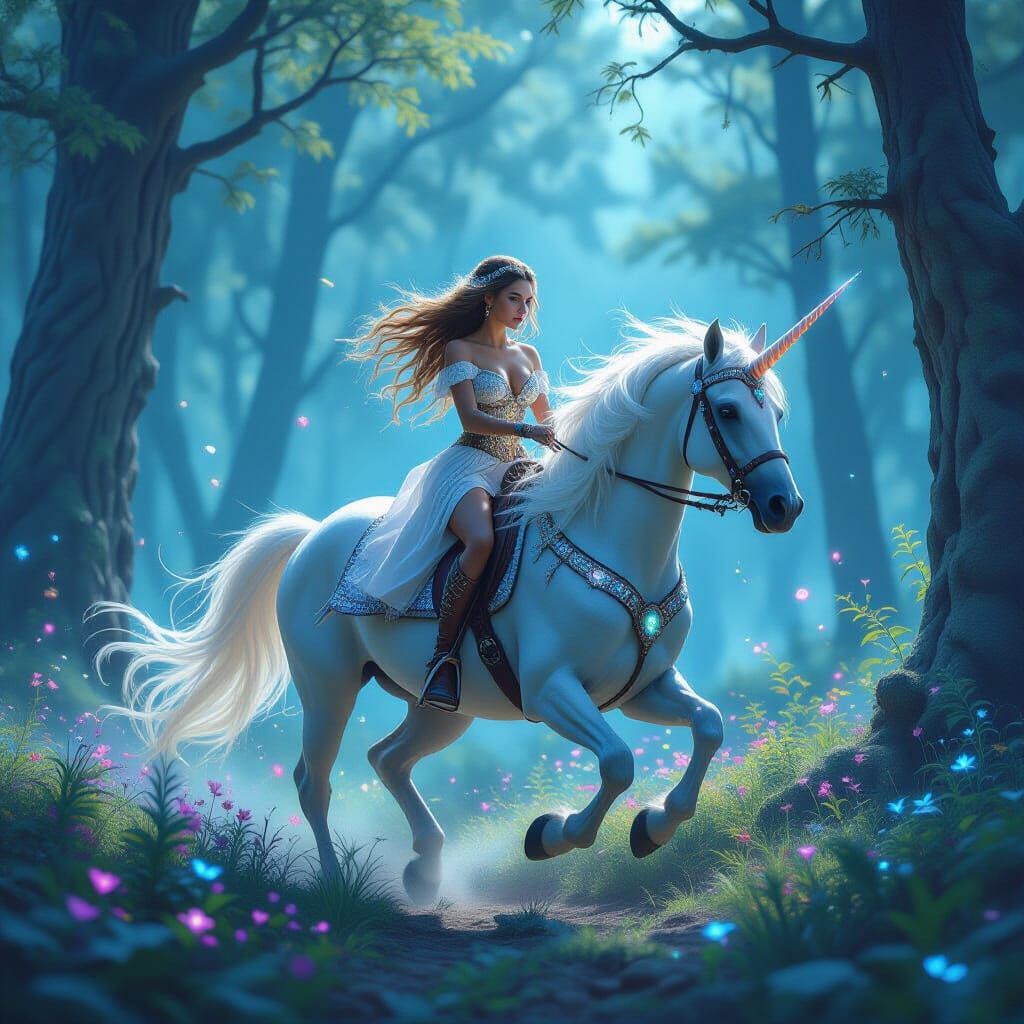Barbarian Woman on Unicorn in Bioluminescent Forest