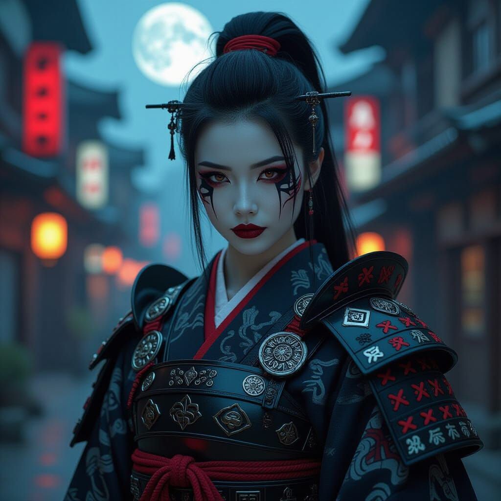 Goth Samurai Girl in Cyberpunk City, Photo-Realistic Style