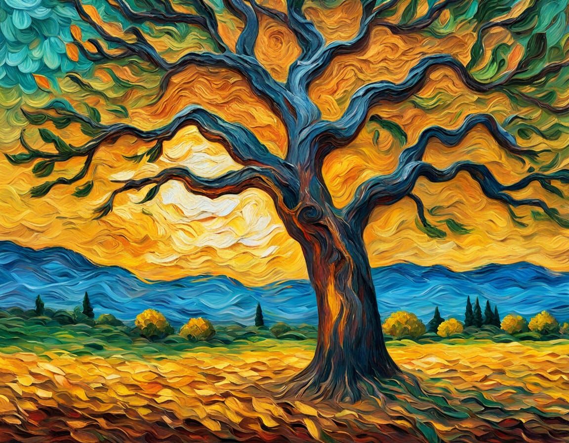 Impasto Tree in Golden Sunlight, Oil Painting Style