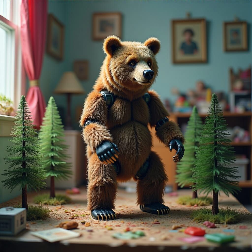 Hyperrealistic BJD Grizzly Bear in Plastic Forest