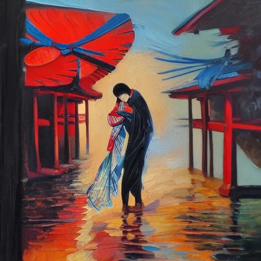 Geishas Embrace Under Torii in Oil Painting Style