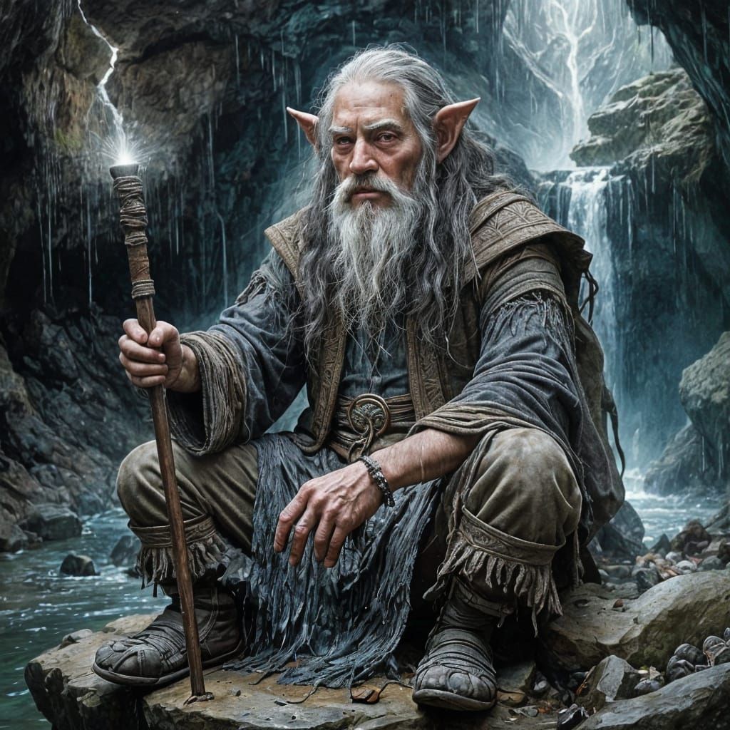 Sitting Wizard-Miner in a Magical Cave