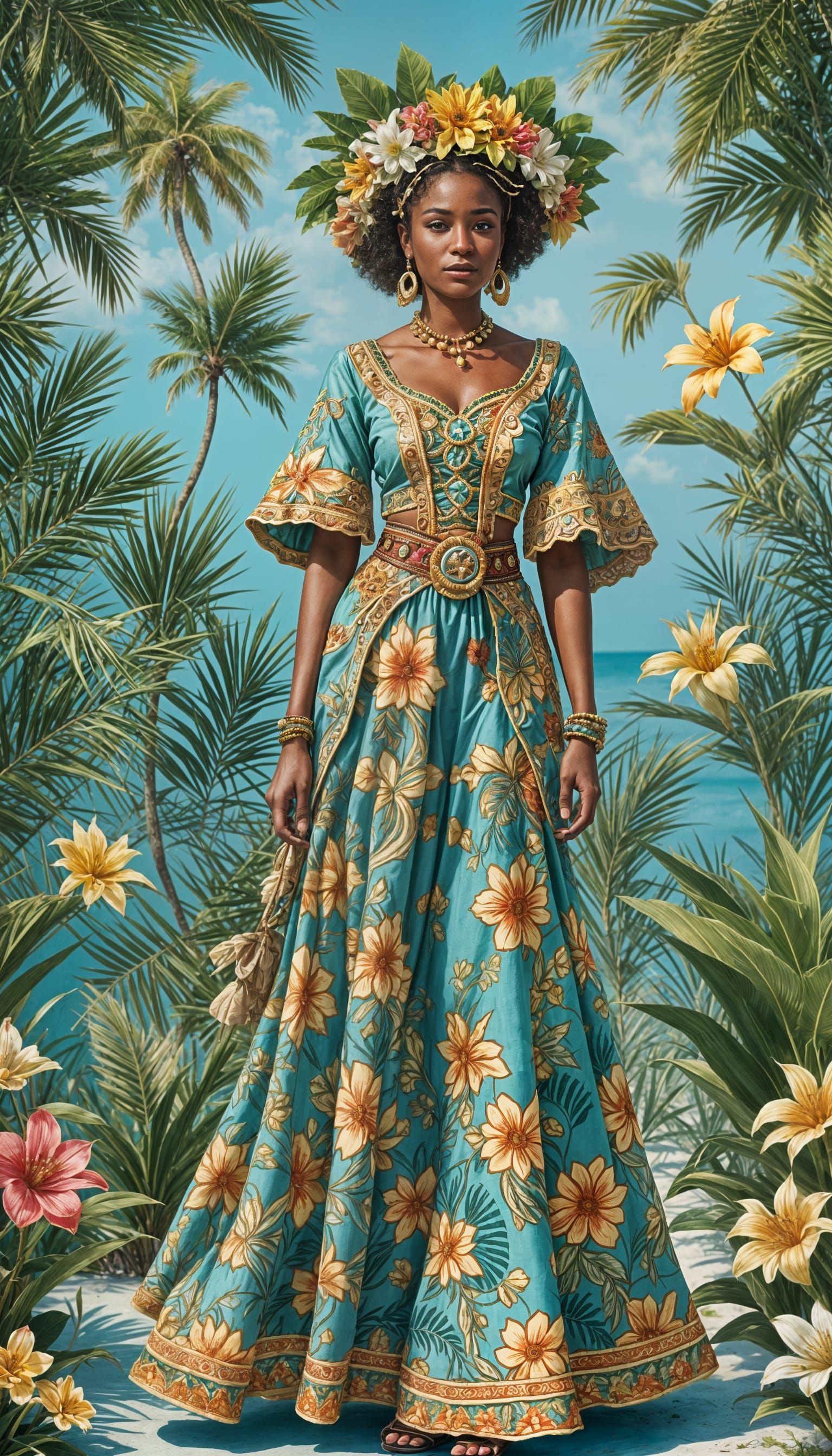 Bahamas Woman in Folk Outfit Fairytale Illustration