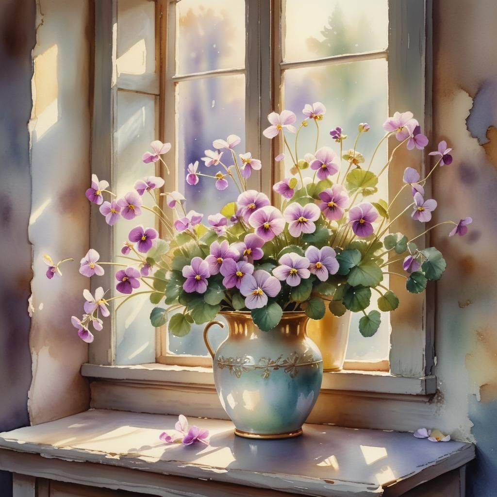 "Beautiful pearl-colored violets in a vase, on the windowsil...