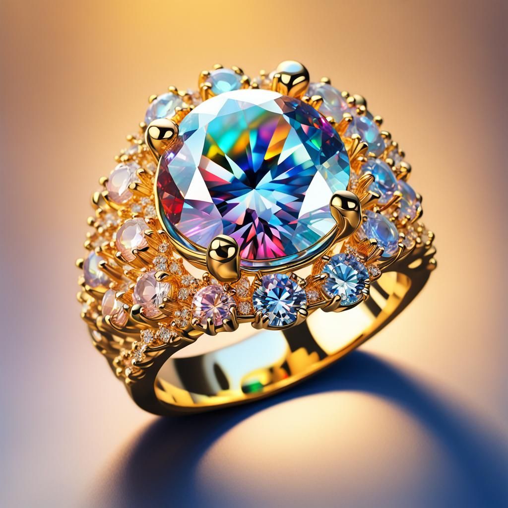 Gold Ring with Cubic Zirconia in Hyperrealistic Style
