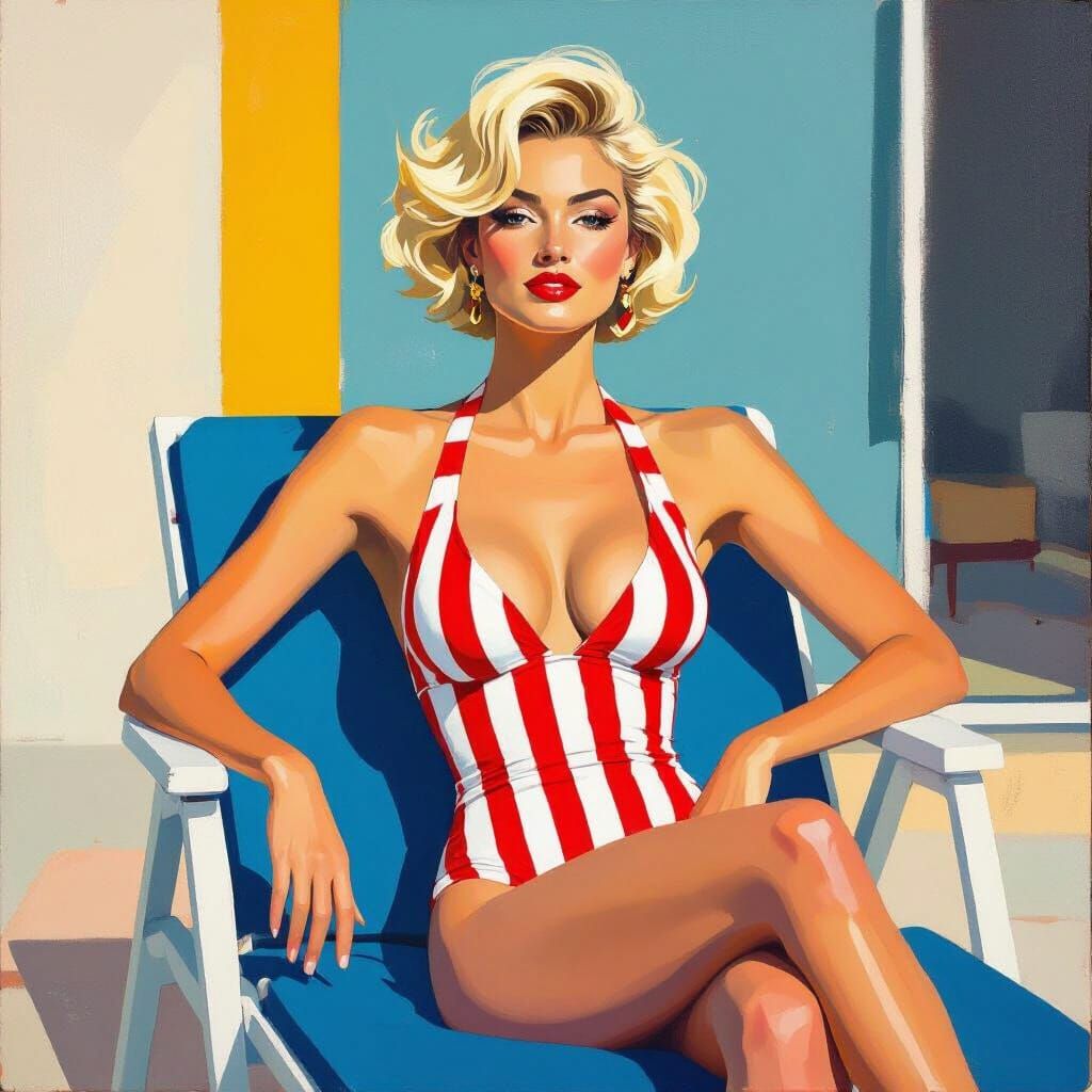 Woman in Red & White Swimsuit on Patio