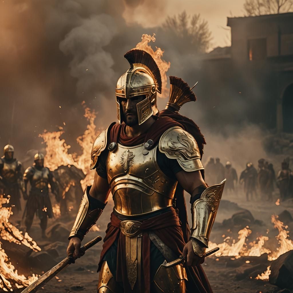 Golden Spartan Warrior in Burning Scene