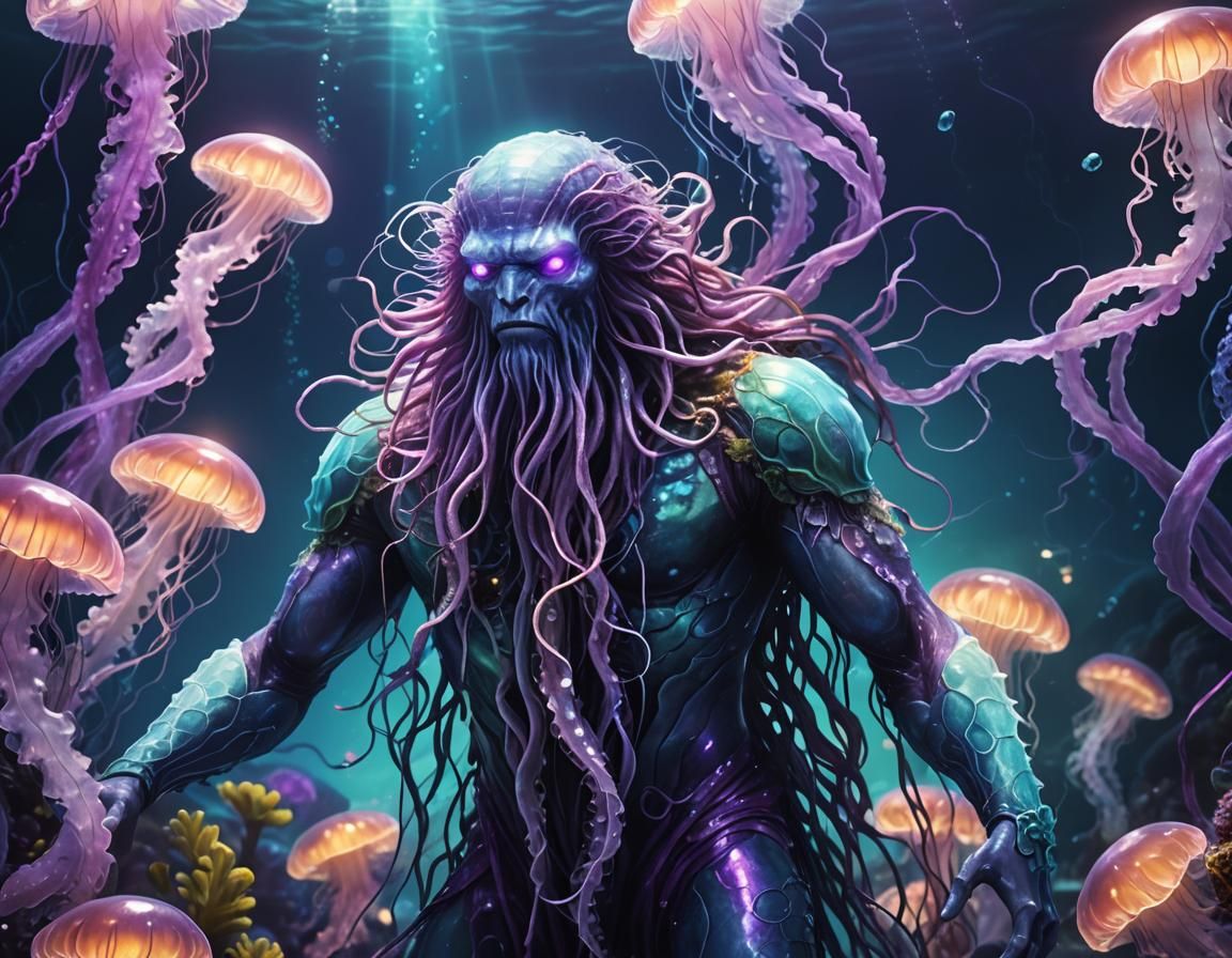 Mystical Half-Human Sea Creature in Bioluminescent Ocean