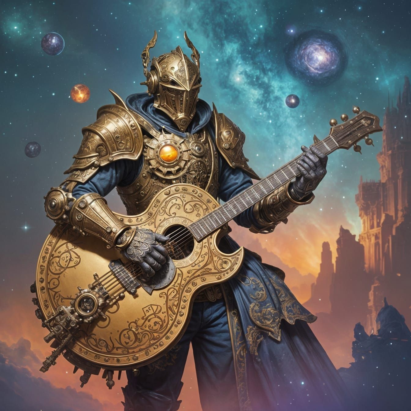Steampunk Knight Rides Clockwork Guitar Through Nebula