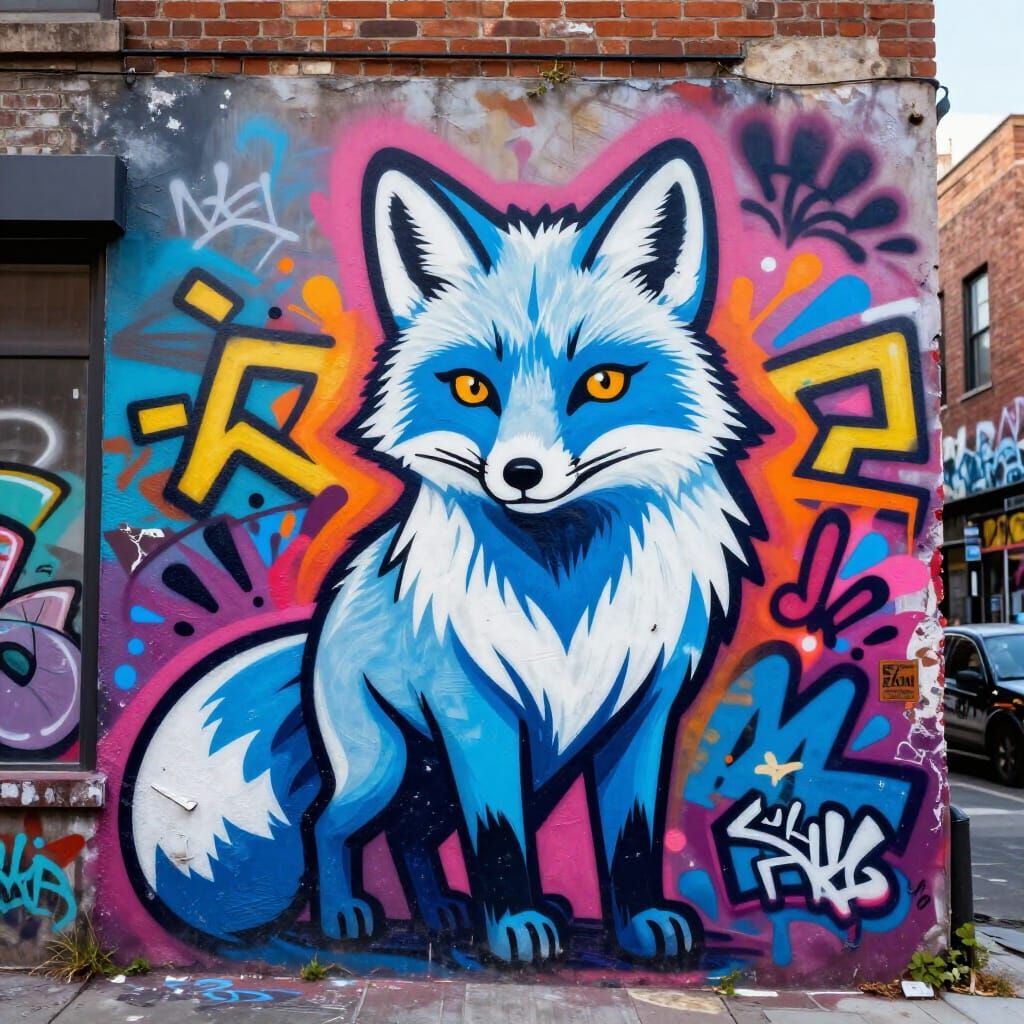 Pop Art Arctic Fox Graffiti Mural in Urban Setting