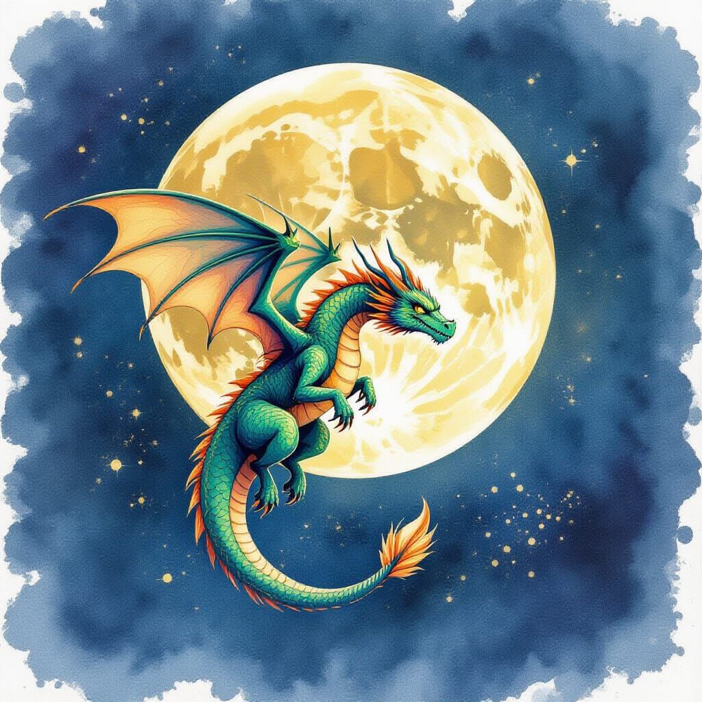 Dragon Flight Under the Moon in Watercolor Style