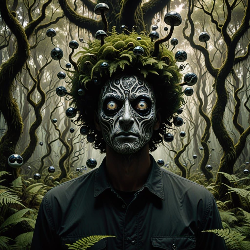 Surreal Forest: Masked Figure and Alien Mystery