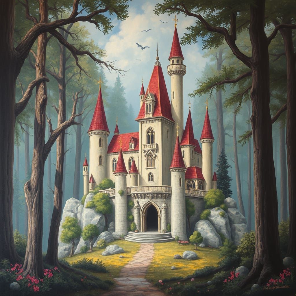 Ethereal Fantasy Castle Emerging from a Mystical Forest