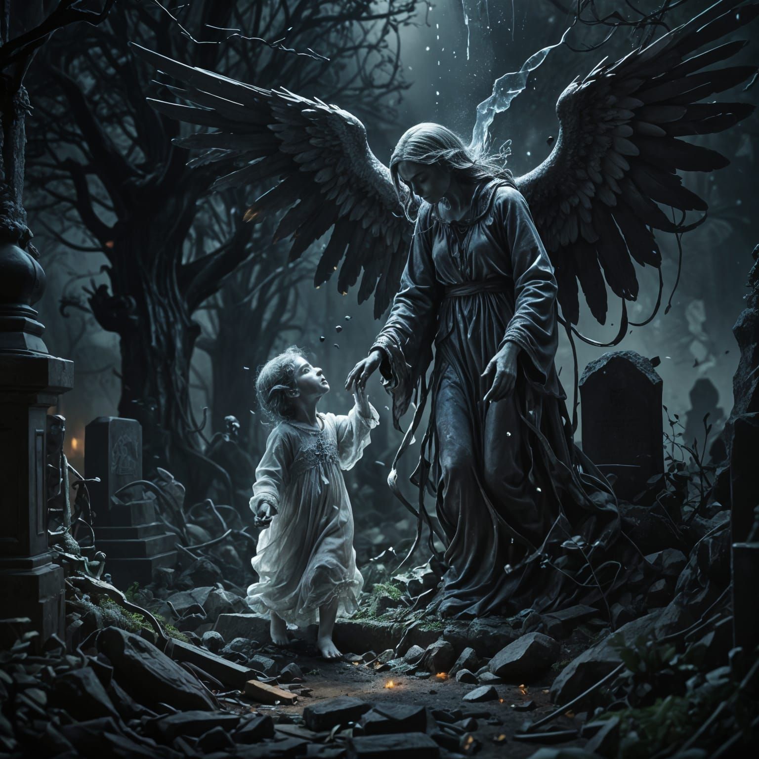 Angel of Death Tenderly Guides a Translucent Child Ghost int...