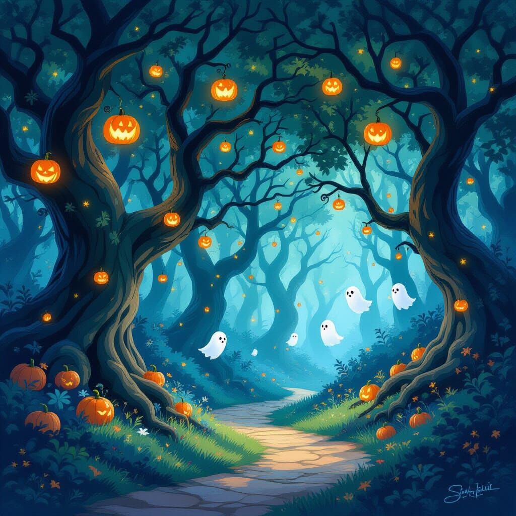 Enchanted Halloween Forest With Pumpkin Lanterns and Friendl...