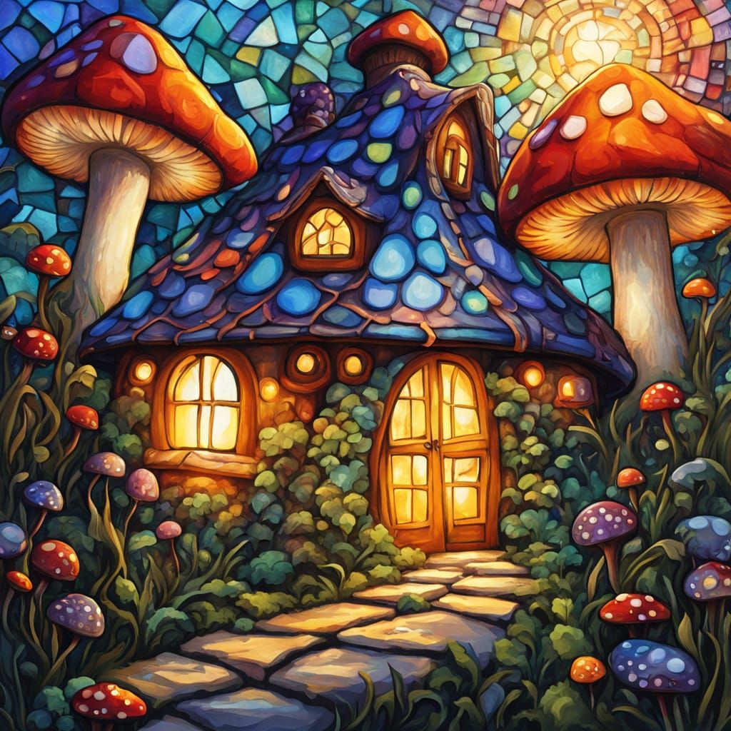 Enchanted Mushroom Cottage in Stained Glass Style
