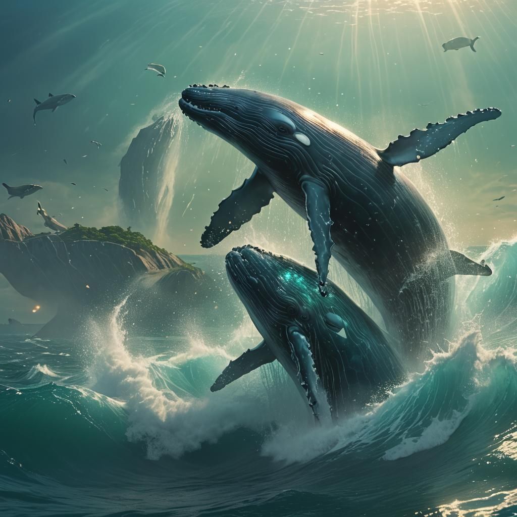 Whale Breaching in Dreamlike Turquoise Ocean