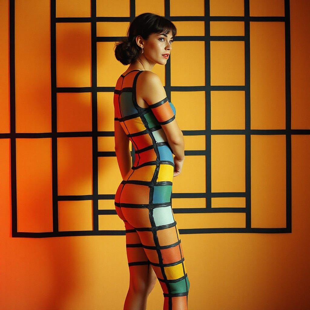 Woman Merges With Geometric Wall Art in 1970s Film Style