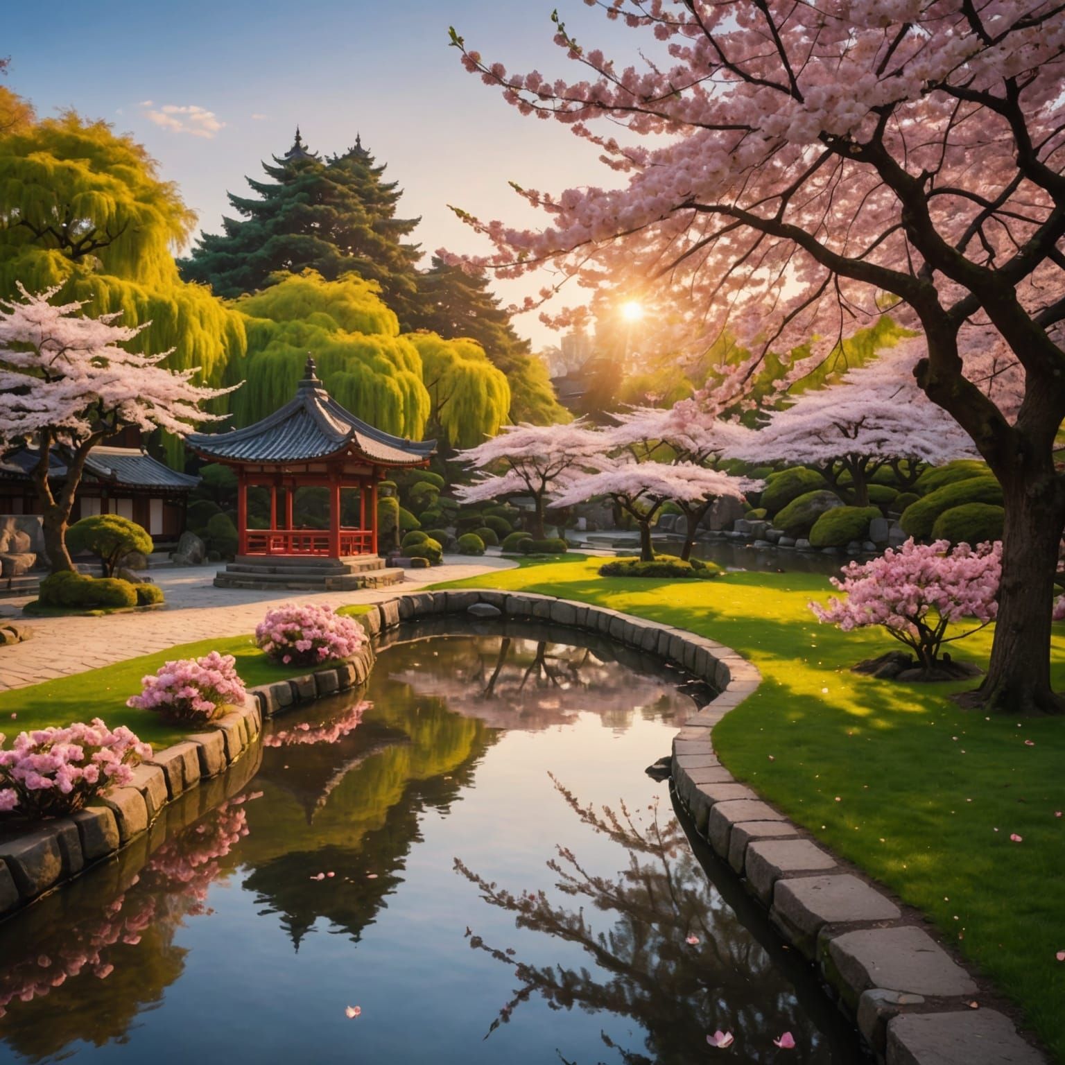 Cherry Blossom Garden with Snow-Capped Mountain