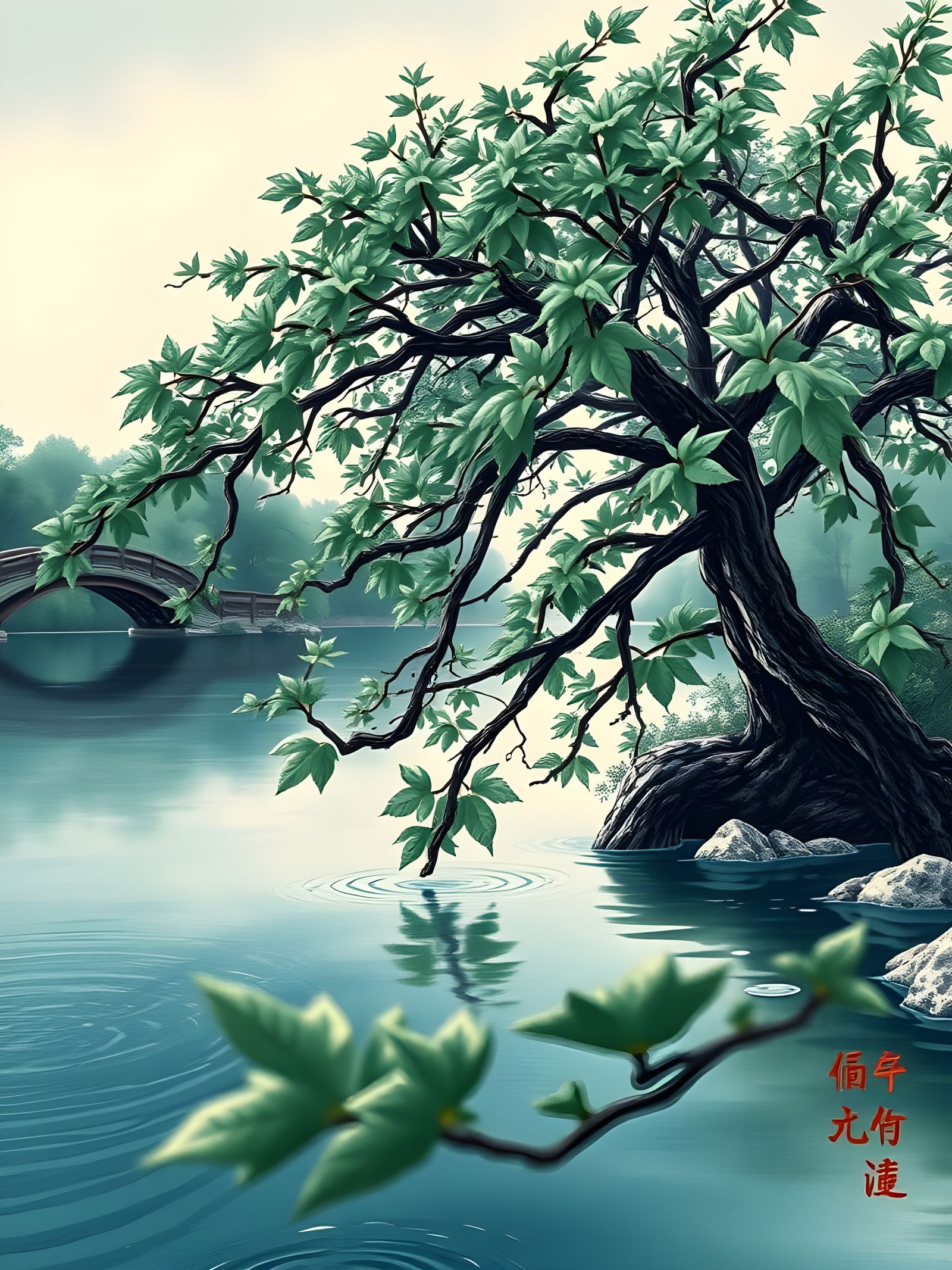 Maple Tree Riverbank Scene in Japanese Ink