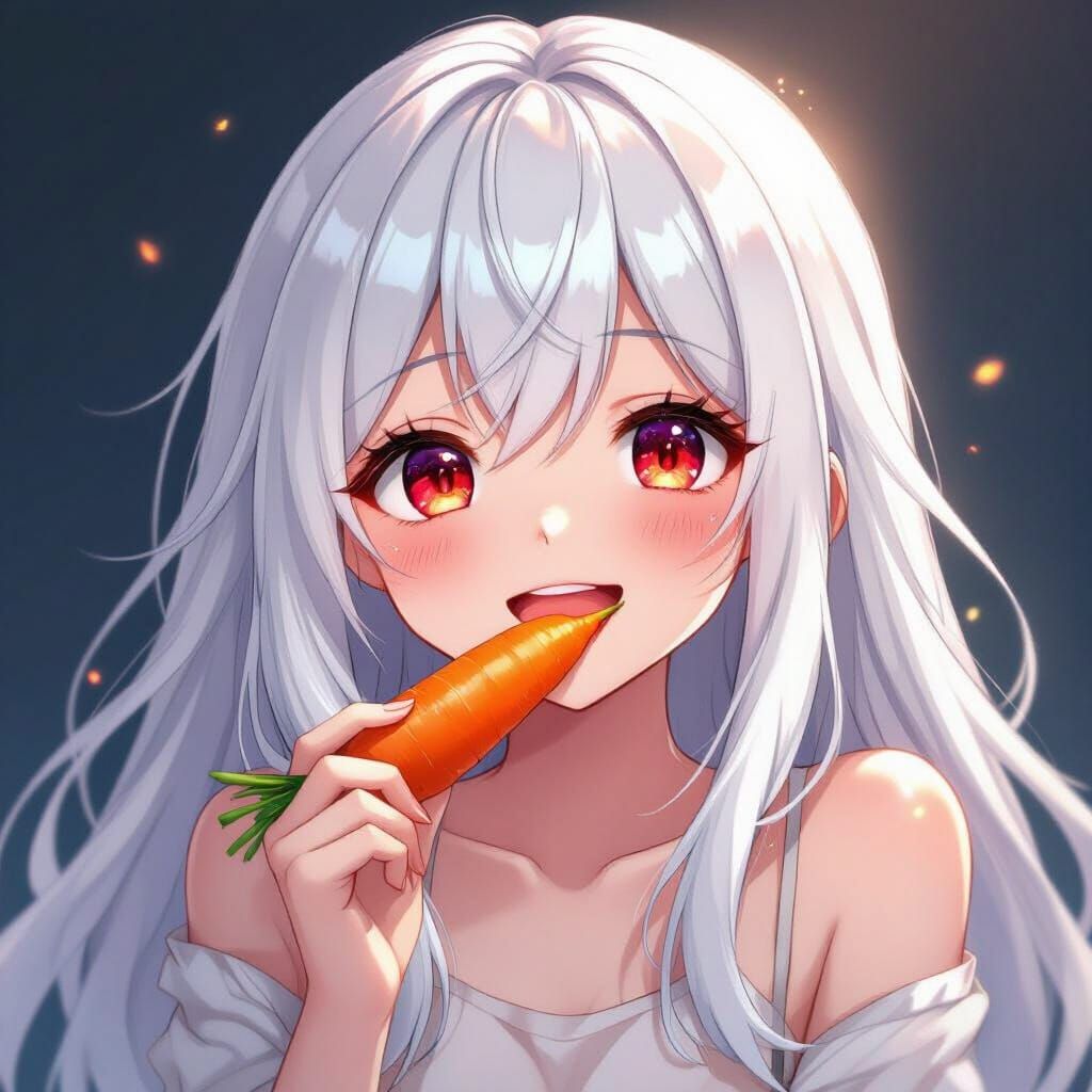 Cute Anime Girl with White Hair and Red Eyes Eating Carrot