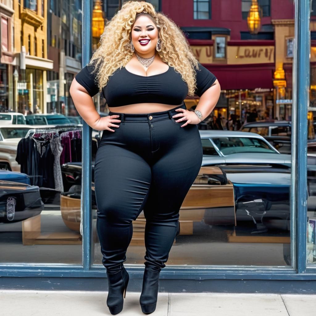 Curvy Woman Window Shopping in Hip Hop Style