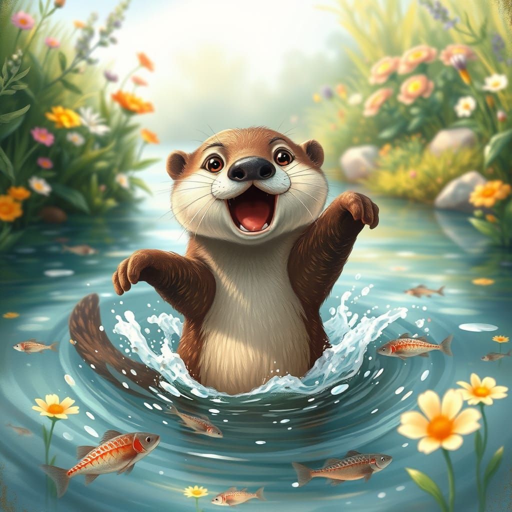 Whimsical Otter in Fairytale River Scene
