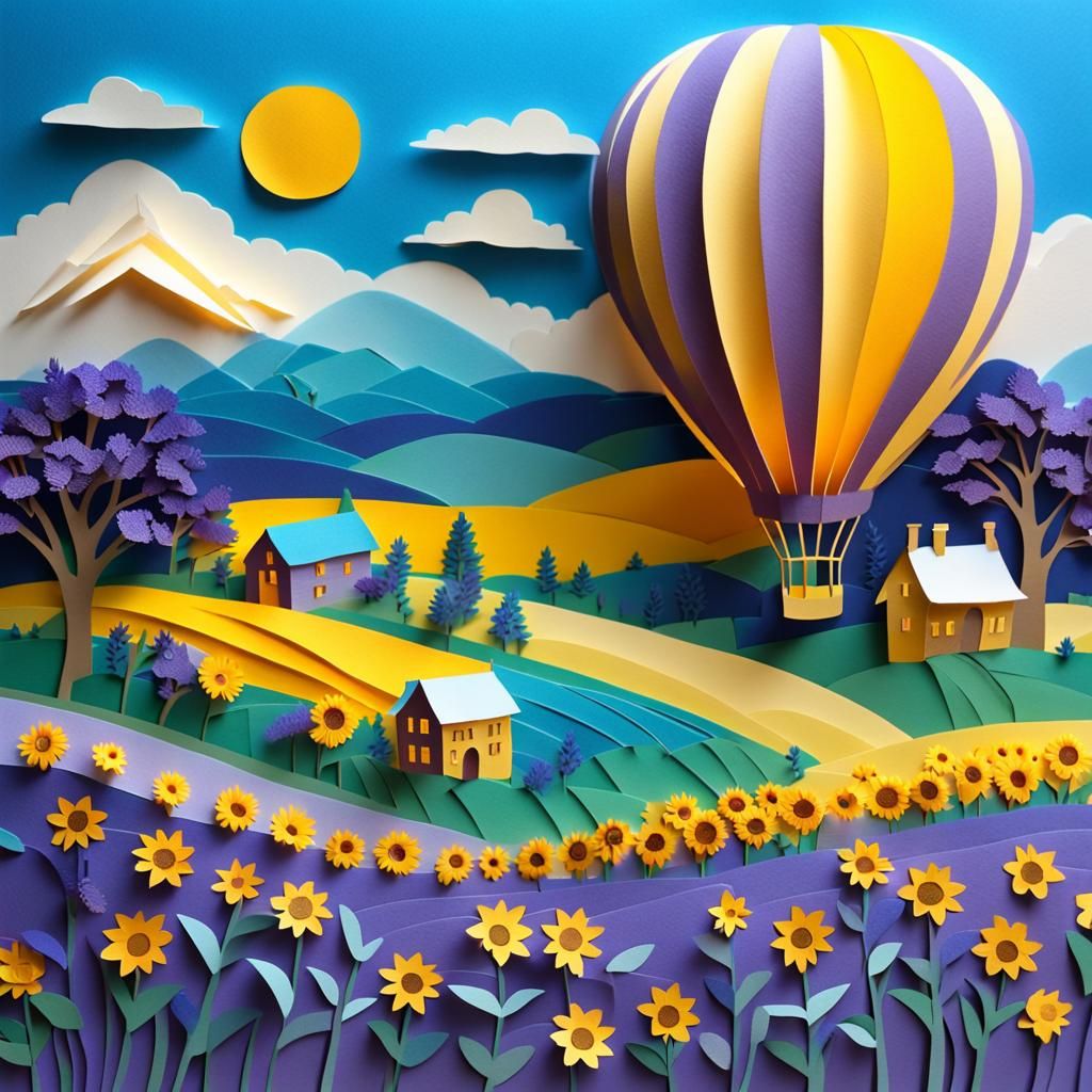 Colorful Kirigami Hot Air Balloon Over Lavender Fields