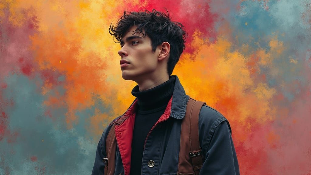 Contemplative Youth Amidst Swirling Emotions in Vibrant Colo...