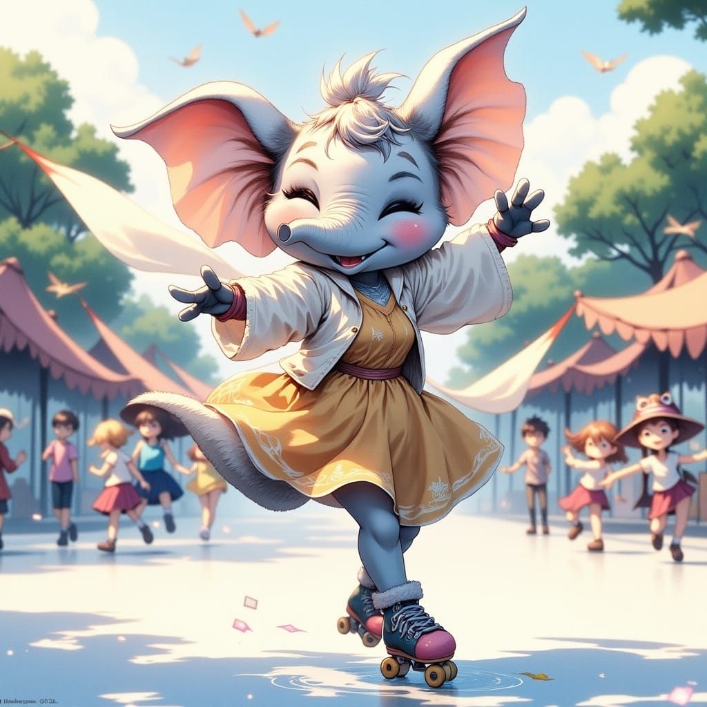Anime Elephant Girl Rollerblading Watercolor Portrait