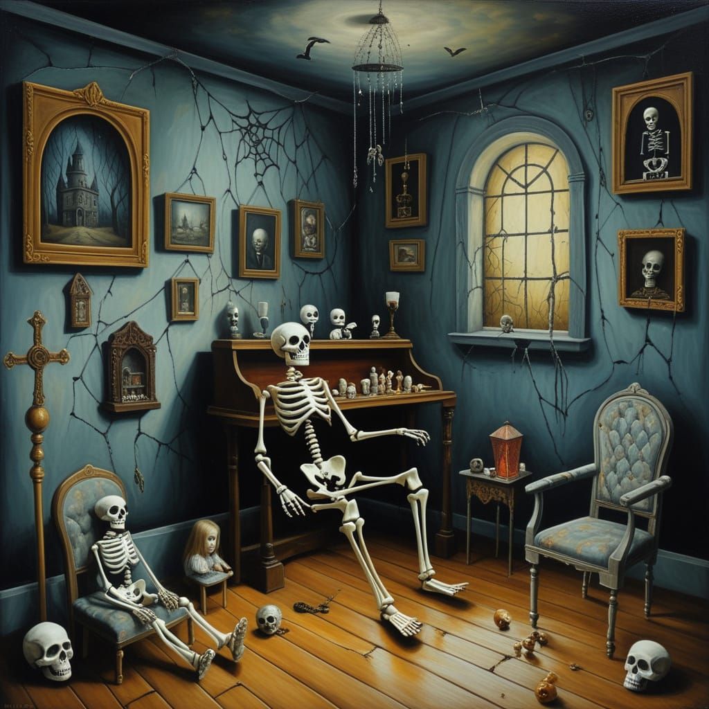 Skeletons Play With Dolls in Surreal Oil Painting