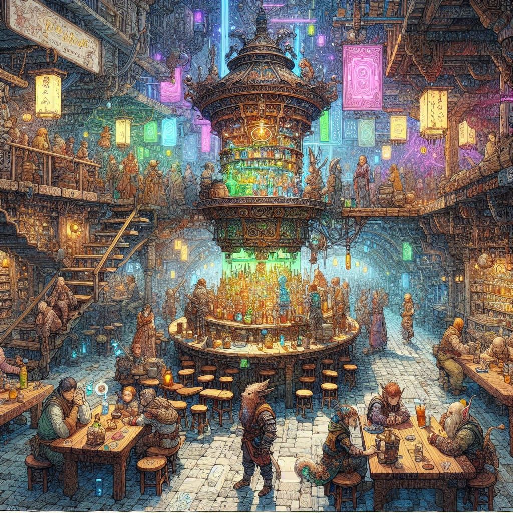 Bustling Fantasy Tavern with Magical Drink Dispenser