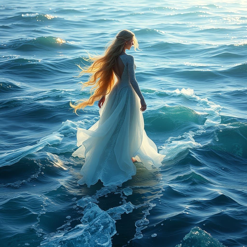 Ethereal Ice Princess Walks on Ocean's Surface