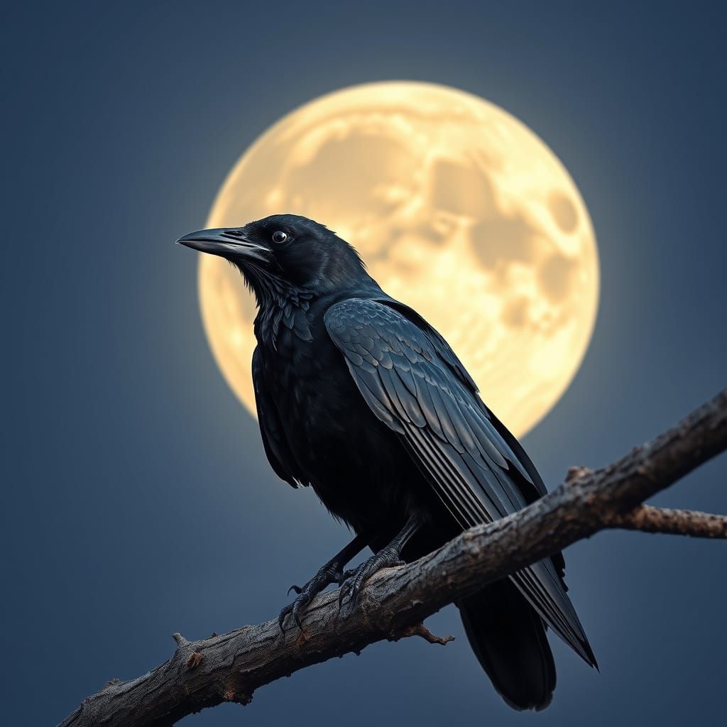Majestic Black Raven Under Full Moon