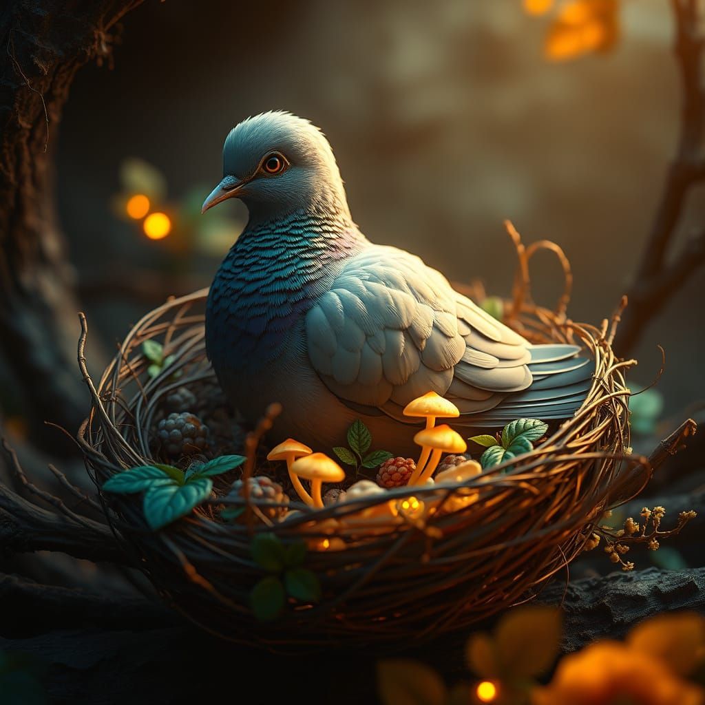 Ethereal Pigeon in Whimsical Nest