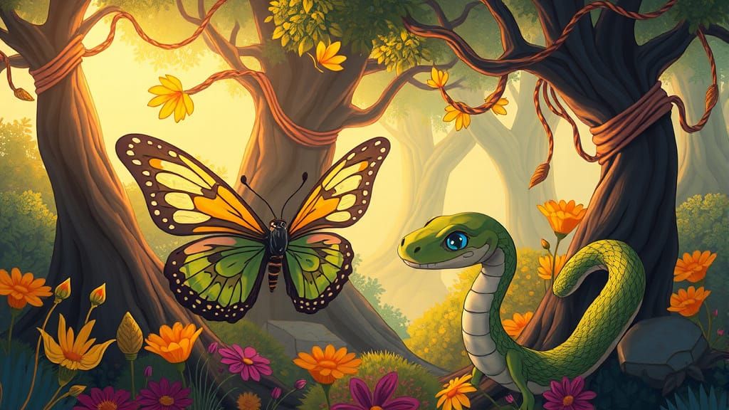 Butterfly and Snake in Whimsical Forest