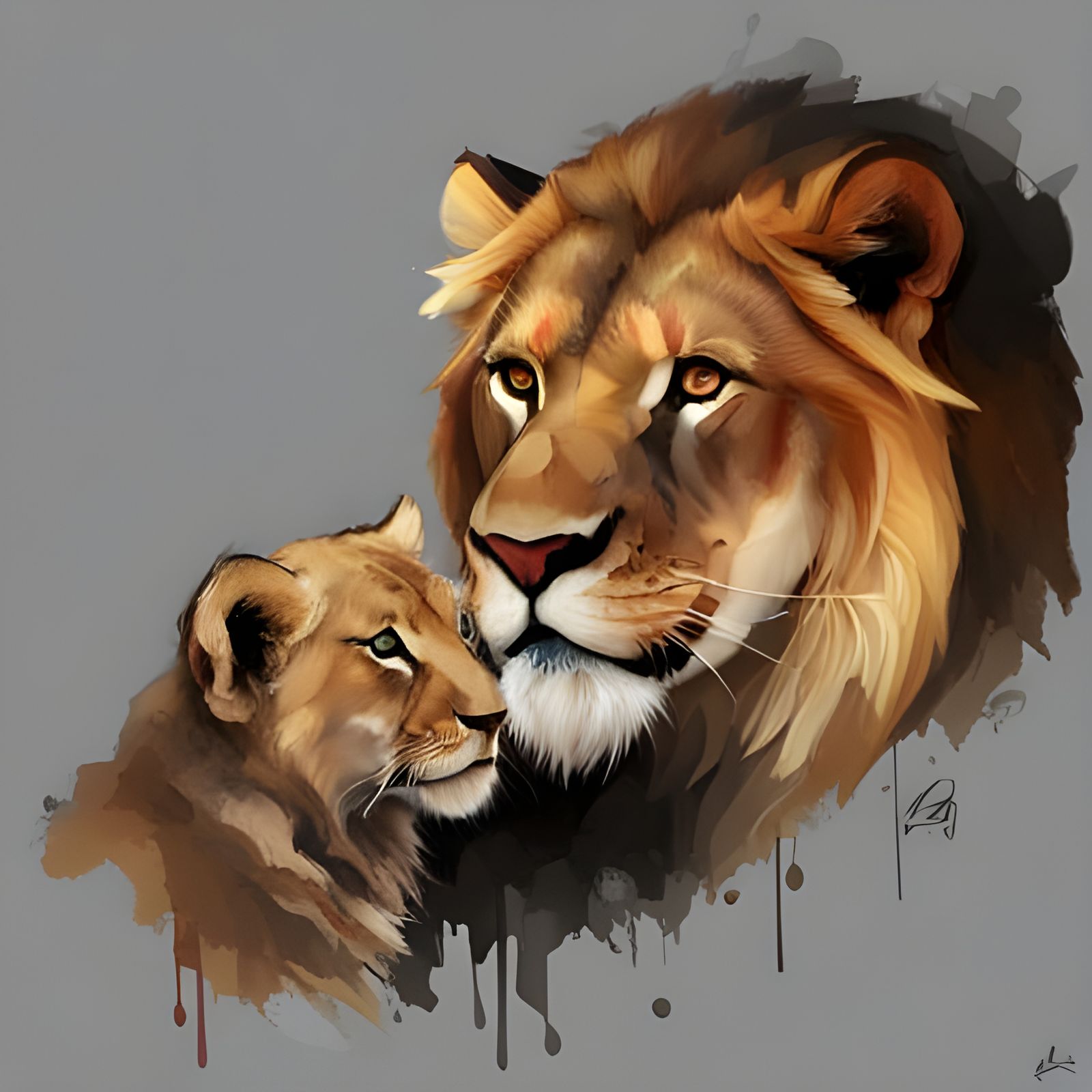 Lion and Cub Portrait in Rococo Art Style