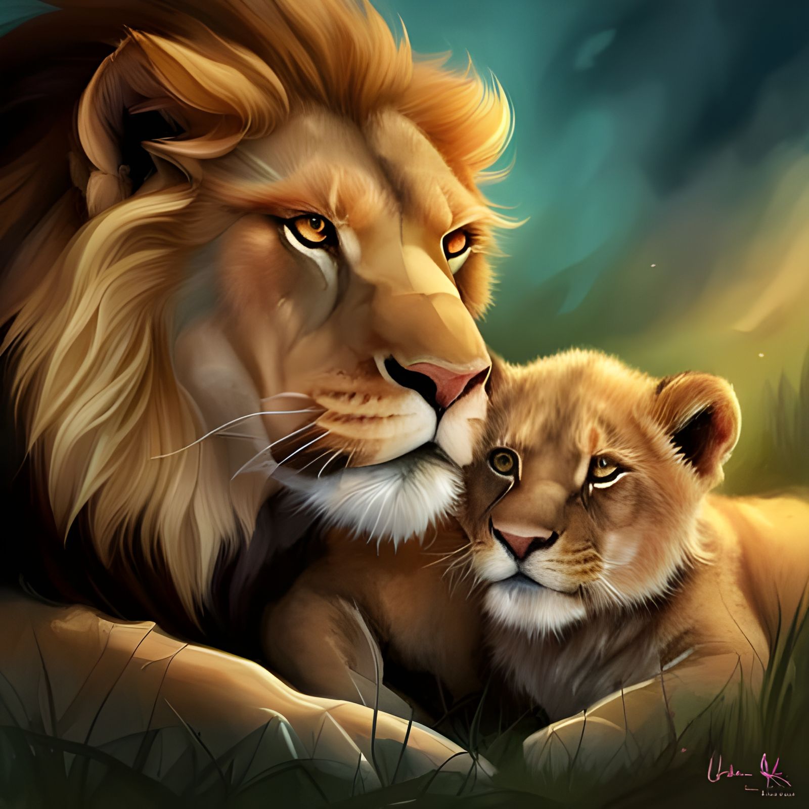 Lion and Cub Portrait in Rococo Style