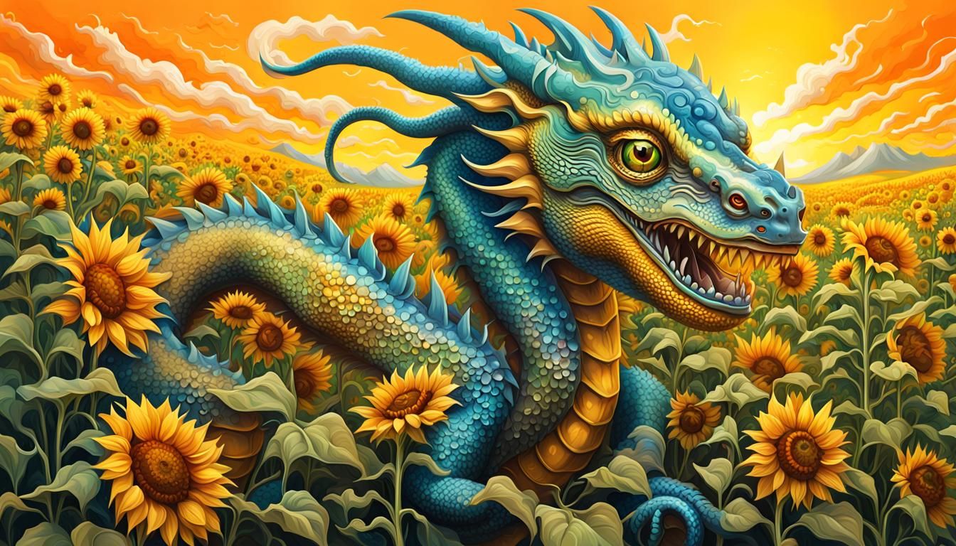 Metallic Dragon Chameleon in Sunflower Field: Graffiti Art