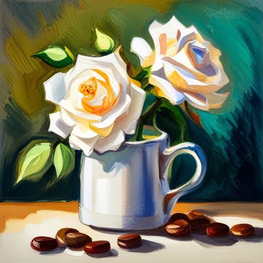 White Roses in Vintage Vase, Gouache Style