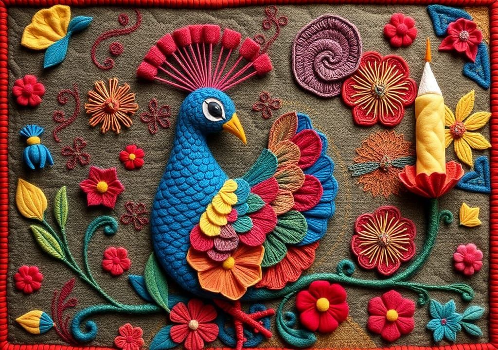 Hyperdetailed Candlewicked Peacockerel in Textile Art Style