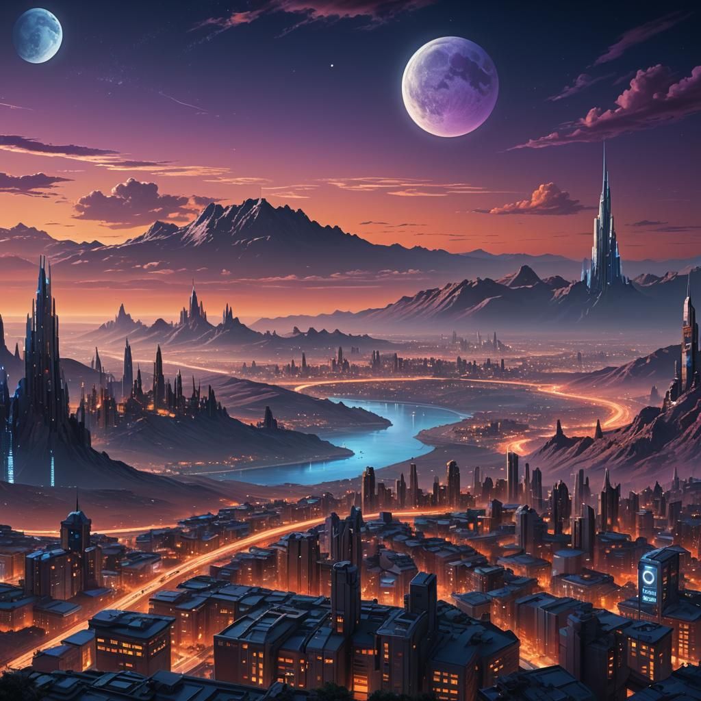 Sci-Fi Cityscape with Moon in Fantasy Concept Art