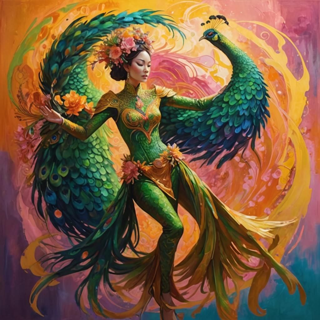 Dragon Peacock Woman in Abstract Expressionism Style